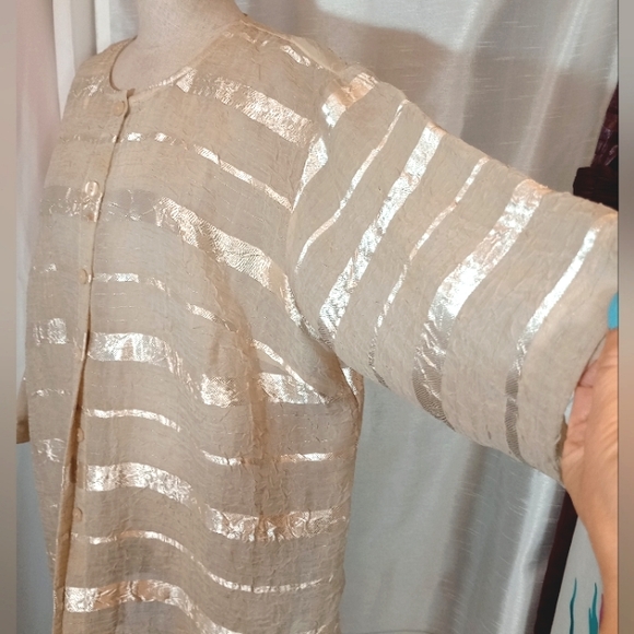 Positive Attitude Cardigan Block Pattern Gold Satin+See thru Panels, BttnUp, XL - Picture 4 of 9